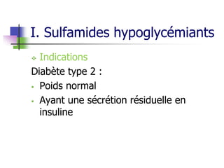 I. Sulfamides hypoglycémiants
 Indications
Diabète type 2 :
 Poids normal
 Ayant une sécrétion résiduelle en
insuline
 