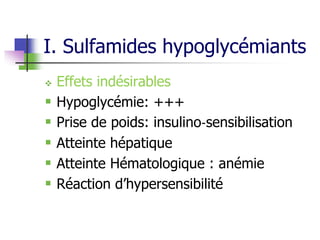 I. Sulfamides hypoglycémiants
 Effets indésirables
 Hypoglycémie: +++
 Prise de poids: insulino‐sensibilisation
 Atteinte hépatique
 Atteinte Hématologique : anémie
 Réaction d’hypersensibilité
 
