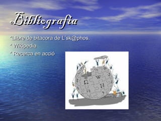 BibliografiaBibliografia
*Llibre de bitacora de L’sk@phos.*Llibre de bitacora de L’sk@phos.
* Wikipedia* Wikipedia
* Recerca en acció* Recerca en acció
 