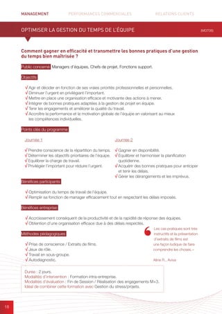 MANAGEMENT	 PERFORMANCES COMMERCIALES	 	 RELATIONS CLIENTS		 		
18
Comment gagner en efficacité et transmettre les bonnes pratiques d’une gestion
du temps bien maîtrisée ?
Public concerné Managers d’équipes, Chefs de projet, Fonctions support.
Objectifs
√ Agir et décider en fonction de ses vraies priorités professionnelles et personnelles.
√ Diminuer l’urgent en privilégiant l’important.
√ Mettre en place une organisation efficace et motivante des actions à mener.
√ Intégrer de bonnes pratiques adaptées à la gestion de projet en équipe.
√ Tenir les engagements et améliorer la qualité du travail.
√ Accroître la performance et la motivation globale de l’équipe en valorisant au mieux
les compétences individuelles.
Points clés du programme
Bénéfices participants
√ Optimisation du temps de travail de l’équipe.
√ Remplir sa fonction de manager efficacement tout en respectant les délais imposés.
Bénéfices entreprise
√ Accroissement conséquent de la productivité et de la rapidité de réponse des équipes.
√ Obtention d’une organisation efficace due à des délais respectés.
Méthodes pédagogiques
√ Prise de conscience / Extraits de films.
√ Jeux de rôle.
√ Travail en sous-groupe.
√ Autodiagnostic.
OPTIMISER LA GESTION DU TEMPS DE L’ÉQUIPE
Les cas pratiques sont très
instructifs et la présentation
d’extraits de films est
une façon ludique de faire
comprendre les choses. »
Aline R., Aviva
Journée 1
√ Prendre conscience de la répartition du temps.
√ Déterminer les objectifs prioritaires de l’équipe.
√ Equilibrer la charge de travail.
√ Privilégier l’important pour réduire l’urgent.
Journée 2
√ Gagner en disponibilité.
√ Equilibrer et harmoniser la planification
quotidienne.
√ Acquérir des bonnes pratiques pour anticiper
et tenir les délais.
√ Gérer les dérangements et les imprévus.
(MGT06)
Durée : 2 jours.
Modalités d’intervention : Formation intra-entreprise.
Modalités d’évaluation : Fin de Session / Réalisation des engagements M+3.
Idéal de combiner cette formation avec Gestion du stress/projets.
 