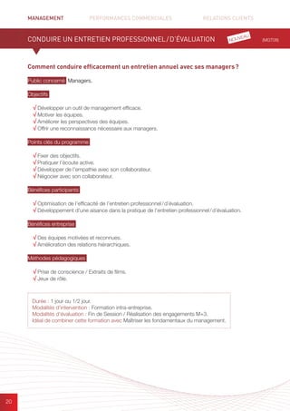 MANAGEMENT	 PERFORMANCES COMMERCIALES	 	 RELATIONS CLIENTS		 		
20
Comment conduire efficacement un entretien annuel avec ses managers ?
Public concerné Managers.
Objectifs
√ Développer un outil de management efficace.
√ Motiver les équipes.
√ Améliorer les perspectives des équipes.
√ Offrir une reconnaissance nécessaire aux managers.
Points clés du programme
√ Fixer des objectifs.
√ Pratiquer l’écoute active.
√ Développer de l’empathie avec son collaborateur.
√ Négocier avec son collaborateur.
Bénéfices participants
√ Optimisation de l’efficacité de l’entretien professionnel / d’évaluation.
√ Développement d’une aisance dans la pratique de l’entretien professionnel / d’évaluation.
Bénéfices entreprise
√ Des équipes motivées et reconnues.
√ Amélioration des relations hiérarchiques.
Méthodes pédagogiques
√ Prise de conscience / Extraits de films.
√ Jeux de rôle.
CONDUIRE UN ENTRETIEN PROFESSIONNEL / D’ÉVALUATION (MGT08)
Durée : 1 jour ou 1/2 jour.
Modalités d’intervention : Formation intra-entreprise.
Modalités d’évaluation : Fin de Session / Réalisation des engagements M+3.
Idéal de combiner cette formation avec Maîtriser les fondamentaux du management.
NOUVEAU
 