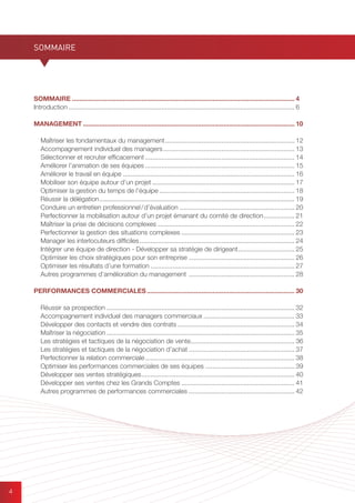 4
SOMMAIRE
4
SOMMAIRE........................................................................................................................... 4
Introduction............................................................................................................................. 6
MANAGEMENT..................................................................................................................... 10
Maîtriser les fondamentaux du management........................................................................ 12
Accompagnement individuel des managers......................................................................... 13
Sélectionner et recruter efficacement................................................................................... 14
Améliorer l’animation de ses équipes................................................................................... 15
Améliorer le travail en équipe ............................................................................................... 16
Mobiliser son équipe autour d’un projet............................................................................... 17
Optimiser la gestion du temps de l’équipe........................................................................... 18
Réussir la délégation............................................................................................................ 19
Conduire un entretien professionnel / d’évaluation................................................................ 20
Perfectionner la mobilisation autour d’un projet émanant du comité de direction.................. 21
Maîtriser la prise de décisions complexes............................................................................ 22
Perfectionner la gestion des situations complexes............................................................... 23
Manager les interlocuteurs difficiles...................................................................................... 24
Intégrer une équipe de direction - Développer sa stratégie de dirigeant................................ 25
Optimiser les choix stratégiques pour son entreprise........................................................... 26
Optimiser les résultats d’une formation................................................................................ 27
Autres programmes d’amélioration du management ........................................................... 28
PERFORMANCES COMMERCIALES.................................................................................. 30
Réussir sa prospection........................................................................................................ 32
Accompagnement individuel des managers commerciaux................................................... 33
Développer des contacts et vendre des contrats................................................................. 34
Maîtriser la négociation........................................................................................................ 35
Les stratégies et tactiques de la négociation de vente.......................................................... 36
Les stratégies et tactiques de la négociation d’achat........................................................... 37
Perfectionner la relation commerciale................................................................................... 38
Optimiser les performances commerciales de ses équipes.................................................. 39
Développer ses ventes stratégiques..................................................................................... 40
Développer ses ventes chez les Grands Comptes............................................................... 41
Autres programmes de performances commerciales........................................................... 42
 