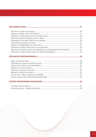 5
RELATIONS CLIENT............................................................................................................. 44
Réussir les ventes en boutique............................................................................................. 46
Réussir sa relation client international................................................................................... 47
Améliorer la qualité de service et la relation client................................................................. 48
Gérer les situations difficiles avec les clients......................................................................... 49
Développer l’orientation client de ses équipes ..................................................................... 50
Coaching des équipes de vente........................................................................................... 51
Gagner en qualité grâce à la vision client.............................................................................. 52
Améliorer la relation client grâce à son savoir-être................................................................ 53
Optimiser les relations avec ses prestataires et ses partenaires commerciaux...................... 54
Optimiser la relation client auprès des grands distributeurs.................................................. 55
EFFICACITE PROFESSIONNELLE....................................................................................... 56
Mieux vendre ses idées........................................................................................................ 58
Optimiser ses prises de parole en public.............................................................................. 59
Donner de l’impact à ses présentations............................................................................... 60
Maîtriser la communication.................................................................................................. 61
Optimiser sa gestion du temps............................................................................................ 62
Maîtriser le temps et le stress............................................................................................... 63
Innover pour mettre en place une stratégie.......................................................................... 64
Autres programmes d’efficacité professionnelle .................................................................. 65
AUTRES PROGRAMMES SPECIALISES............................................................................. 66
Formation des formateurs.................................................................................................... 68
Coaching annuel - Equipe de direction................................................................................. 69
 