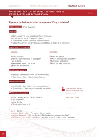 MANAGEMENT	 PERFORMANCES COMMERCIALES	 	 RELATIONS CLIENTS	 	 		
54
Comment perfectionner le bon déroulement d’une prestation ?
Public concerné Chefs de projet.
Objectifs
√ Bien coordonner tous les acteurs d’un événement.
√ Communiquer efficacement les objectifs.
√ Acquérir des bonnes pratiques de relation client.
√ Gérer efficacement son prestataire pendant toute la durée de la prestation.
Points clés du programme
Bénéfices participants
√ Baisse d’éléments de stress lors d’événements.
√ Optimisation de la réalisation des objectifs.
Bénéfices entreprise
√ Amélioration de la relation avec les prestataires.
√ Transmission d’une image positive de l’entreprise.
Méthodes pédagogiques
√ Prise de conscience / Extraits de films.
√ Autodiagnostic.
√ Jeux de rôle.
√ Travail en sous-groupe.
(RC08)
Durée : 2 jours.
Modalités d’intervention : Formation intra-entreprise.
Modalités d’évaluation : Fin de Session / Réalisation des engagements M+3.
Idéal de combiner cette formation avec Satisfaire le client durant toute la prestation.
Une animation menée
tambour battant et sans
temps morts ! »
Philippe A., Viparis
Journée 1
√ Autodiagnostic.
√ Prendre conscience de sa perception
de la réalité.
√ Développer une écoute active.
√ Eviter les maladresses.
Journée 2
√ Gérer les conflits.
√ Choisir et briefer son prestataire.
√ Suivre son prestataire.
√ Recadrer son prestataire.
OPTIMISER LES RELATIONS AVEC SES PRESTATAIRES
ET SES PARTENAIRES COMMERCIAUX
 