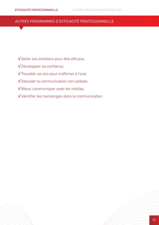 EFFICACITÉ PROFESSIONNELLE		 AUTRES PROGRAMMES SPÉCIALISÉS
65
AUTRES PROGRAMMES D’EFFICACITÉ PROFESSIONNELLE
√ Gérer ses émotions pour être efficace.
√ Développer sa confiance.
√ Travailler sa voix pour s’affirmer à l’oral.
√ Décoder la communication non-verbale.
√ Mieux communiquer avec les médias.
√ Identifier les mensonges dans la communication.
 