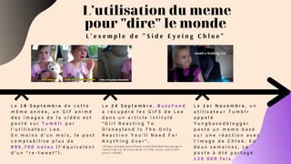 L'utilisation du meme
pour "dire" le monde
L e 1 8 S e p t e m b r e d e c e t t e
m ê m e a n n é e , u n G I F a n i m é
d e s i m a g e s d e l a v i d é o e s t
p o s t é s u r T u m b l r p a r
l ’ u t i l i s a t e u r L e e .
E n m o i n s d ’ u n m o i s , l e p o s t
c o m p t a b i l i s e p l u s d e
8 9 5 , 7 0 0 n o t e s ( l ’ é q u i v a l e n t
d ’ u n “ r e - t w e e t ” ) .
L e 2 4 S e p t e m b r e , B u z z F e e d
a r é c u p é r é l e s G I F S d e L e e
d a n s u n a r t i c l e i n t i t u l é
“ G i r l R e a c t i n g T o
D i s n e y l a n d I s T h e O n l y
R e a c t i o n Y o u ’ l l N e e d F o r
A n y t h i n g E v e r ” .
L ' e x e m p l e d e " S i d e E y e i n g C h l o e "
L e 1 e r N o v e m b r e , u n
u t i l i s a t e u r T u m b l r
a p p e l é
Y u n g b a s e d b l o g g e r
p o s t e u n m e m e b a s é
s u r u n e r é a c t i o n a v e c
l ’ i m a g e d e C h l o é . E n
d e u x s e m a i n e s , c e
p o s t e à é t é p a r t a g é
1 2 0 0 0 0 f o i s .
( h t t p s : / / w w w . b u z z f e e d . c o m / m a t t b e l l a s s a i / g i r l -
r e a c t i n g - t o - d i s n e y l a n d - i s - t h e - o n l y - r e a c t i o n -
y o u l l - n e e d )
 