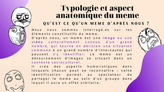 Typologie et aspect
anatomique du meme
N o u s n o u s s o m m e s i n t e r r o g é . e s s u r l e s
é l é m e n t s c o n s t i t u t i f s d u m e m e .
D ’ a p r è s n o u s , u n m e m e e s t u n e i m a g e o u u n e
v i d é o c u l t u r e l l e m e n t c o n n u e d ’ u n g r a n d
n o m b r e , q u i t o u r n e e n d é r i s i o n u n e s i t u a t i o n
c o m m u n e à u n g r a n d n o m b r e d ’ i n t e r n a u t e s q u i
p e u v e n t s ’ y i d e n t i f i e r . L e m e m e e s t u n
d é t o u r n e m e n t d ’ i m a g e s s e s i t u a n t d a n s u n
c o n t e x t e s o c i o c u l t u r e l .
I l c r é e d e s a s p e c t s h u m o r i s t i q u e s d a n s
l e s q u e l s c h a c u n p e u t s e r e c o n n a î t r e : c e t t e
i d e n t i f i c a t i o n p e r m e t a u s p e c t a t e u r d e
p a r t a g e r l e m e m e a u s e i n d ' u n g r o u p e d a n s
l e q u e l i l a u r a u n e f f e t s i m i l a i r e .
Q U ' E S T C E Q U ' U N M E M E D ' A P R È S N O U S ?
 