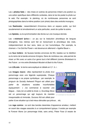 Les « photos fads » : des mises en scènes de personnes imitant une position ou 
une action spécifique dans différents contextes, dans le but de poster la photo sur 
le web. Par exemple : le planking, où de nombreuses personnes se sont 
photographiées dans la même position (voir photo) dans des endroits incongrus. 
Les flashmobs : rassemblement d’inconnus dans un espace public, qui font 
soudainement et simultanément un acte particulier, avant de quitter la scène. 
Les lipdubs, ou la synchronisation des lèvres sur une musique donnée. 
Les « misheard lyrics » : un jeu sur la traduction phonétique de langues 
étrangères. Ces mèmes sont fait en transcrivant la phonétique des mots, 
indépendamment de leur sens, dans un but humoristique. Par exemple, la 
chanson « I’ve Got the Power » est devenue en allemand « Agathe Bauer ». 
Les faux trailers : de fausses bandes annonces de film, basées sur la réédition 
ou le remix de la bande annonce d’origine. Dans de nombreux cas, cela permet de 
mixer un film avec un autre d’un genre tout à fait différent (comme Brokeback to 
the Future : un mix entre Brokeback Moutain et Back to the Future. 
Les LOLcats : le terme sera expliqué en détails en I) 1. b. i. 
Les images macro : elles représentent la photo d’un 
personnage avec une légende superposée. Chaque 
personnage a sa propre symbolique : par exemple, le 
pingouin de Socially Awkward Pinguin est utilisé pour 
parler de situations sociales inconfortables 
(typiquement : « J’ai commencé à raconter une 
blague… mais j’en ai oublié la chute »), Scumbag Steve 
est un personnage qui agit toujours de manière 
irresponsable et immorale, Success Kid est utilisé pour 
parler d’une situation qui s’est mieux déroulée que prévue… etc. 
Les rage comics : ce sont des bandes dessinées d’apparence amateur, mettant 
en avant des visages associés à un comportement typique. Il existe par exemple 
le Forever Alone (un personnage triste, sans amis), Poker Face (il essaie de 
12 
Un exemple du Success Kid 
 