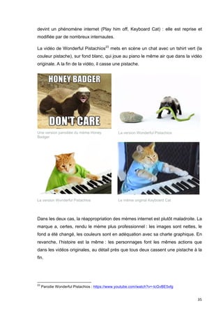 devint un phénomène internet (Play him off, Keyboard Cat) : elle est reprise et 
modifiée par de nombreux internautes. 
La vidéo de Wonderful Pistachios23 mets en scène un chat avec un tshirt vert (la 
couleur pistache), sur fond blanc, qui joue au piano le même air que dans la vidéo 
originale. A la fin de la vidéo, il casse une pistache. 
Une version parodiée du mème Honey 
Badger 
La version Wonderful Pistachios 
La version Wonderful Pistachios Le mème original Keyboard Cat 
Dans les deux cas, la réappropriation des mèmes internet est plutôt maladroite. La 
marque a, certes, rendu le mème plus professionnel : les images sont nettes, le 
fond a été changé, les couleurs sont en adéquation avec sa charte graphique. En 
revanche, l’histoire est la même : les personnages font les mêmes actions que 
dans les vidéos originales, au détail près que tous deux cassent une pistache à la 
fin. 
35 
23 Parodie Wonderful Pistachios : https://www.youtube.com/watch?v=-IcGvBE5xfg 
 