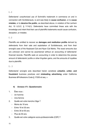 (…) 
Defendants' unauthorized use of Schmidt's trademark in commerce on and in 
connection with Scribblenauts, is and was likely to cause confusion, or to cause 
mistake, or to deceive the public, as described above, in violation of the Lanham 
Act, 15 U.S.C. § 1114(1). Defendants have committed these acts with the 
knowledge and intent that their use of plaintiffs trademarks would cause confusion, 
deception, or mistake. 
(…) 
Plaintiffs are entitled to recover as damages and restitution profits derived by 
defendants from their sale and exploitation of Scribblenauts, and from their 
wrongful uses of the Keyboard Cat and Nyan Cat Marks. The exact amounts due 
are unknown and cannot be ascertained without an accounting of defendants' 
financial records. Plaintiffs seek an accounting in order to determine the precise 
amount of defendants' profits or other ill-gotten gains, and the amounts of royalties 
due to plaintiffs. 
(… ) 
Defendants' wrongful acts described herein constitute unlawful, unfair, and 
fraudulent business practices and misleading advertising under California 
Business &Professions Code § 17200 et seq. » 
72 
4) Annexe n°4 : Questionnaire 
1. Êtes vous : 
- Un homme 
- Une femme 
2. Quelle est votre tranche d’âge ? 
- Moins de 18 ans 
- Entre 18 et 30 ans 
- Entre 30 et 50 ans 
- Plus de 50 ans 
3. Quelle est votre catégorie socio-professionnelle (CSP) ? 
 