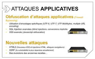 ATTAQUES APPLICATIVES
Obfuscation d’attaques applicatives (Firewall
Bypassing)
+ Utilisation d’encodages spécifiques (UTF-8, UTF-7, UTF-Multibytes, multiple URL
encoding)
+ SQL Injection avancées (blind injections, conversions implicites)
+ XSS avancés (Javascript obfuscation)
Nouvelles attaques
+ HTML5 (nouveaux XSS et Injections HTML, attaques navigateurs)
+ XSRF (la vulnérabilité la plus répandue actuellement)
+ Des évolutions des anciennes recettes…
 