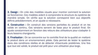 3. Design : On crée des modèles visuels pour montrer comment la solution
va fonctionner. Ces modèles aident à comprendre la structure du système de
manière simple. On vérifie que la solution correspond bien aux objectifs
définis précédemment, et on ajuste si nécessaire.
4. Construction : On construit des versions partielles du produit et on les
valide en continu. Ces versions servent de base pour le produit final. On
ajuste constamment en fonction des retours des utilisateurs pour s'adapter à
leurs besoins changeants.
5. Finalisation : On se concentre sur le contrôle final de la qualité en mettant
le produit dans un environnement pilote. Cela permet de tester le système
dans des conditions réelles et de détecter d'éventuels problèmes. Une fois
que tout est validé, le produit est prêt pour une utilisation plus large.
 