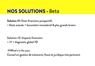  
	
  NOS SOLUTIONS - Βeta
Solution #1: Etats ﬁnanciers prospectifs
= Etats actuels + baromètre immatériel & plus grands leviers
Solution #2: Impacts ﬁnanciers
= #1 + diagnostic global 7D
à What’s in for you:
Conseil en gestion de trésorerie, ﬁscal et juridique très pertinent
 