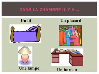 DANS LA CHAMBRE IL Y A….
Un lit Un placard
Une lampe Un bureau
 