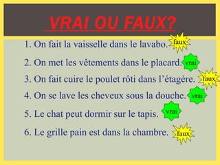 VRAI OU FAUX?
1. On fait la vaisselle dans le lavabo.
2. On met les vêtements dans le placard.
3. On fait cuire le poulet rôti dans l’étagère.
4. On se lave les cheveux sous la douche.
5. Le chat peut dormir sur le tapis.
6. Le grille pain est dans la chambre.
faux
vrai
faux
vrai
vrai
faux
 