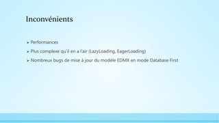 Inconvénients
 Performances
 Plus complexe qu’il en a l’air (LazyLoading, EagerLoading)
 Nombreux bugs de mise à jour du modèle EDMX en mode Database First
 