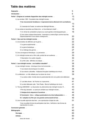 Table des matières 
Epigraphe . . 5 
Introduction . . 6 
Partie 1: Origines et contexte d'apparition des midnight movies . . 13 
A. Les années 1390 : l'incubation des midnight movies . . 13 
1/ les mouvements fondateurs: L’expressionnisme allemand et le surréalisme. 
. . 13 
2/ L'exemple de Freaks: la matrice des Midnight Movies . . 16 
B. Les sixties et seventies aux Etats-Unis : un fourmillement créatif . . 18 
1/ Un climat de contestation propice aux avant-gardes cinématographiques . . 18 
2/ Une culture urbaine foisonnante : l’exemple du cinéma Elgin comme haut lieu 
d’épanouissement d’une culture underground . . 20 
Partie 2 : Que sont les midnight movies . . 22 
A. Une tentative de définition par le genre. . . 22 
1/ Le genre expérimental . . 22 
2/ Le genre fantastique . . 26 
3/ Le mélange des genres . . 27 
B. Une convergence thématique : La perversion. . . 29 
C. Un midnight movies est un film culte, produit de son audience. . . 30 
1/ Description d’un public singulier . . 30 
2/ Le film culte : définition et analyse . . 31 
Partie 3 : Les midnight movies : une tradition obsolète? . . 36 
A. Les midnight movies : chronique d'une mort annoncée. . . 36 
1/ Les raisons économiques d’un déclin . . 36 
2/ Les raisons culturelles : Hollywood récupère l’esthétique de minuit . . 38 
B .La télévision : un rôle néfaste pour la culture de minuit. . . 39 
1/ La culture vidéo :l’entrée dans la postmodernité et le non public de la télévision 
. . 39 
2 / Les talks shows : de l’horreur au voyeurisme . . 41 
3/ La série télévisée culte : Twin Peaks , fille de l’esthétique de minuit . . 41 
C. The big LEBOWSKI : La résurection du phénomène des midnight movies. R . . 43 
1/The big Lebowski : un parcours similaire aux midnight movies . . 43 
2/ Analyse de la séquence d’ouverture . . 44 
3/ Conclusion : Une « critique postmoderne du rêve hollywoodien »: . . 48 
4/ L’ adoption du film par une grande communauté de fans . . 49 
D. Une nouvelle approche des fans : une coproduction d'objet de culte. . . 51 
1/Les nouvelles formes de participation des fans , fanfictions :des formes de 
coproduction du sens . . 51 
Conclusion générale . . 57 
Bibliographie . . 60 
Ouvrages . . 60 
Articles . . 60 
Issus de revues . . 61 
 