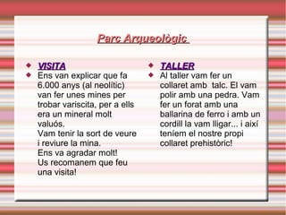 Parc ArqueològicParc Arqueològic
 VISITAVISITA
 Ens van explicar que fa
6.000 anys (al neolític)
van fer unes mines per
trobar variscita, per a ells
era un mineral molt
valuós.
Vam tenir la sort de veure
i reviure la mina.
Ens va agradar molt!
Us recomanem que feu
una visita!
 TALLERTALLER
 Al taller vam fer un
collaret amb talc. El vam
polir amb una pedra. Vam
fer un forat amb una
ballarina de ferro i amb un
cordill la vam lligar... i així
teníem el nostre propi
collaret prehistòric!
 
