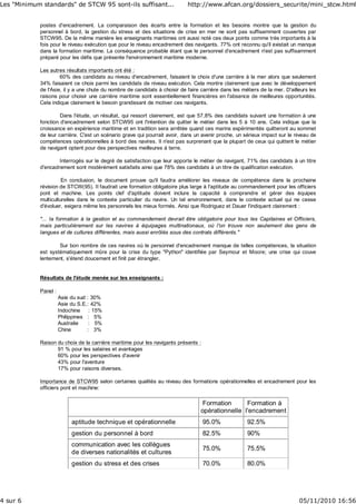 postes d'encadrement. La comparaison des écarts entre la formation et les besoins montre que la gestion du
personnel à bord, la gestion du stress et des situations de crise en mer ne sont pas suffisamment couvertes par
STCW95. De la même manière les enseignants maritimes ont aussi noté ces deux points comme très importants à la
fois pour le niveau exécution que pour le niveau encadrement des navigants. 77% ont reconnu qu'il existait un manque
dans la formation maritime. La conséquence probable étant que le personnel d'encadrement n'est pas suffisamment
préparé pour les défis que présente l'environnement maritime moderne.
Les autres résultats importants ont été :
60% des candidats au niveau d'encadrement, faisaient le choix d'une carrière à la mer alors que seulement
34% faisaient ce choix parmi les candidats de niveau exécution. Cela montre clairement que avec le développement
de l'Asie, il y a une chute du nombre de candidats à choisir de faire carrière dans les métiers de la mer. D'ailleurs les
raisons pour choisir une carrière maritime sont essentiellement financières en l'absence de meilleures opportunités.
Cela indique clairement le besoin grandissant de motiver ces navigants.
Dans l'étude, un résultat, qui ressort clairement, est que 57,8% des candidats suivant une formation à une
fonction d'encadrement selon STCW95 ont l'intention de quitter le métier dans les 5 à 10 ans. Cela indique que la
croissance en expérience maritime et en tradition sera arrêtée quand ces marins expérimentés quitteront au sommet
de leur carrière. C'est un scénario grave qui pourrait avoir, dans un avenir proche, un sérieux impact sur le niveau de
compétences opérationnelles à bord des navires. Il n'est pas surprenant que la plupart de ceux qui quittent le métier
de navigant optent pour des perspectives meilleures à terre.
Interrogés sur le degré de satisfaction que leur apporte le métier de navigant, 71% des candidats à un titre
d'encadrement sont modérément satisfaits ainsi que 78% des candidats à un titre de qualification exécution.
En conclusion, le document prouve qu'il faudra améliorer les niveaux de compétence dans la prochaine
révision de STCW(95). Il faudrait une formation obligatoire plus large à l'aptitude au commandement pour les officiers
pont et machine. Les points clef d'aptitude doivent inclure la capacité à comprendre et gérer des équipes
multiculturelles dans le contexte particulier du navire. Un tel environnement, dans le contexte actuel qui ne cesse
d'évoluer, exigera même les personnels les mieux formés. Ainsi que Rodriguez et Dauer l'indiquent clairement :
"... la formation à la gestion et au commandement devrait être obligatoire pour tous les Capitaines et Officiers,
mais particulièrement sur les navires à équipages multinationaux, où l'on trouve non seulement des gens de
langues et de cultures différentes, mais aussi enrôlés sous des contrats différents."
Sur bon nombre de ces navires où le personnel d'encadrement manque de telles compétences, la situation
est systématiquement mûre pour la crise du type "Python" identifiée par Seymour et Moore; une crise qui couve
lentement, s'étend doucement et finit par étrangler.
Résultats de l'étude menée sur les enseignants :
Panel :
Asie du sud : 30%
Asie du S.E.: 42%
Indochine : 15%
Philippines : 5%
Australie : 5%
Chine : 3%
Raison du choix de la carrière maritime pour les navigants présents :
91 % pour les salaires et avantages
60% pour les perspectives d'avenir
43% pour l'aventure
17% pour raisons diverses.
Importance de STCW95 selon certaines qualités au niveau des formations opérationnelles et encadrement pour les
officiers pont et machine:
Formation
opérationnelle
Formation à
l'encadrement
aptitude technique et opérationnelle 95.0% 92.5%
gestion du personnel à bord 82.5% 90%
communication avec les collègues
de diverses nationalités et cultures
75.0% 75.5%
gestion du stress et des crises 70.0% 80.0%
Les "Minimum standards" de STCW 95 sont-ils suffisant... http://www.afcan.org/dossiers_securite/mini_stcw.html
4 sur 6 05/11/2010 16:56
 