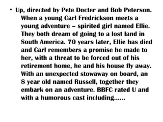 • Up, directed by Pete Docter and Bob Peterson.
   When a young Carl Fredrickson meets a
   young adventure – spirited girl named Ellie.
   They both dream of going to a lost land in
   South America. 70 years later, Ellie has died
   and Carl remembers a promise he made to
   her, with a threat to be forced out of his
   retirement home, he and his house fly away.
   With an unexpected stowaway on board, an
   8 year old named Russell, together they
   embark on an adventure. BBFC rated U and
   with a humorous cast including……
 