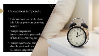 • Faisons-nous une seule chose
à la fois ou plusieurs en même
temps ?
• Temps Séquentiel:
Importance de la ponctualité
(États-Unis, Allemagne)
• Temps Synchrone: Flexibilité
dans la gestion du temps
(Mexique, Argentine)
Orientation temporelle
 
