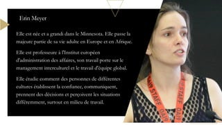 Elle est née et a grandi dans le Minnesota. Elle passe la
majeure partie de sa vie adulte en Europe et en Afrique.
Elle est professeure à l'Institut européen
d'administration des affaires, son travail porte sur le
management interculturel et le travail d'équipe global.
Elle étudie comment des personnes de différentes
cultures établissent la confiance, communiquent,
prennent des décisions et perçoivent les situations
différemment, surtout en milieu de travail.
Erin Meyer
 