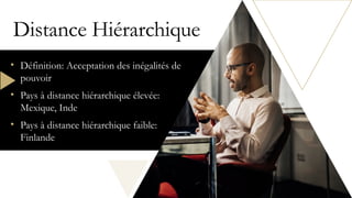 Distance Hiérarchique
• Définition: Acceptation des inégalités de
pouvoir
• Pays à distance hiérarchique élevée:
Mexique, Inde
• Pays à distance hiérarchique faible:
Finlande
 