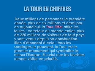 LA TOUR EN CHIFFRES
 Deux millions de personnes la première
année, plus de six millions et demi par
an aujourd'hui, la Tour Eiffel attire les
foules : carrefour du monde entier, plus
de 220 millions de visiteurs de tout pays
y sont venus depuis sa construction.
Rien d'étonnant à cela : tous les
sondages le prouvent, la Tour est le
premier monument qui symbolise le
mieux l'Europe. Et celui que les touristes
aiment visiter en priorité.
 