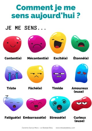 Comment je me
sens aujourd'hui ?
Carolina García Mora - Le Baobab Bleu www.lebaobabbleu.com
Content(e) Mécontent(e) Excité(e) Étonné(e)
Triste Fâché(e) Timide Amoureux
(euse)
Fatigué(e) Embarrassé(e) Stressé(e) Curieux
(euse)
JE ME SENS...
 
