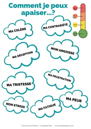 Comment je peux
apaiser...?
MA COLÈRE
MON ANGOISSE
MA DÉCEPTION
MA FRUSTRATION
MA TRISTESSE
MA PEUR
MON STRESS
MA FATIGUE
MA CONTRARIÉTÉ
Carolina García Mora - Le Baobab Bleu www.lebaobabbleu.com
 