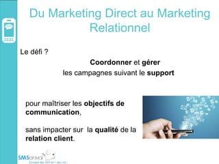 Du Marketing Direct au Marketing
Relationnel
Le défi ?
Coordonner et gérer
les campagnes suivant le support
pour maîtriser les objectifs de
communication,
sans impacter sur la qualité de la
relation client.
 