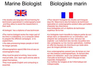 Marine Biologist                                  Biologiste marin

● the studies are long (bac+8) but training for   ● Pour devenir biologiste les études sont longues
technicians specialized in océanography exist     (bac+8). Néanmoins des formations de technicien
 and they allow to assist the researchers in      spécialisé en océanographie existent elles permettent
their work.                                       d'assister les chercheurs.
                                                  ●Les biologistes ont un diplôme de technicien

A biologist has a diploma of sea technician
●                                                 supérieur de la mer.

●The marine biologist works the major part of     ●Le biologiste marin travaille la majeure partie de son
his time in a labolatory, on a computer either    temps dans un laboratoire sur un ordinateur, soit
to prepare the offshore campaigns or to           préparer les campagnes en mer, soit pour les
exploit them .                                    exploiter. Les traitement des donnés recueillies lors
● the data processing keeps people on land        des campagnes sur les navires spécialisés, mobilise
for longer periods.                               en effet les équipes de chercheurs qui reste alors
                                                  pour de longue période à terre.
●Oceanographers spend little time at sea on
oceanographic boat,                               ●Les océanographes passent peu de temps en mer
                                                  sur des bateaux océanographique, ils doivent être
●they must be good at writing, have some          aptes à la rédaction, avoir une certaine habileté
manual skills, and team spirit and be able to     manuelle et technique, l'esprit d'équipe et des
adapt themselves.                                 capacités d'adaptation.
                                                  ●La maîtrise de l’anglais et de l’informatique est
They must speak English and computing is
                                                  indispensable.
essential.
 