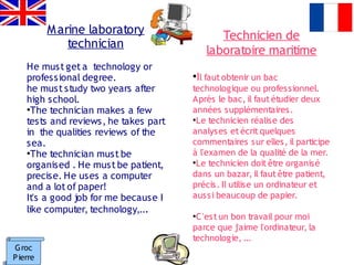 M arine laboratory                    Technicien de
              technician
                                             laboratoire maritime
    He must get a technology or
    profes sional degree.              ●
                                           Il faut obtenir un bac
    he must study two years after      technologique ou professionnel.
    high school.                       Après le bac, il faut étudier deux
    ●
      The technician makes a few       années supplémentaires.
    tests and reviews, he takes part   ●
                                         Le technicien réalise des
    in the qualities reviews of the    analyses et écrit quelques
    sea.                               commentaires sur elles, il participe
    ●
      The technician must be           à l'examen de la qualité de la mer.
    organised . He must be patient,    ●
                                         Le technicien doit être organisé
    precise. He uses a computer        dans un bazar, il faut être patient,
    and a lot of paper!                précis. Il utilise un ordinateur et
    It's a good job for me because I   aussi beaucoup de papier.
    like computer, technology,...      ●
                                        C 'est un bon travail pour moi
                                       parce que j'aime l'ordinateur, la
                                       technologie, ...
G roc
P ierre
 