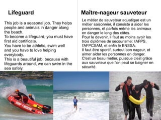 Lifeguard                              Maître-nageur sauveteur
                                         Le métier de sauveteur aquatique est un
This job is a seasonal job. They helps   métier saisonnier, il consiste à aider les
people and animals in danger along       personnes, et parfois même les animaux
the beach.                               en danger le long des côtes.
To become a lifeguard, you must have     Pour le devenir, li faut au moins avoir les
first aid certificate.                   trois diplômes de secourisme: l'AFPS,
You have to be athletic, swim well       l'AFPCSAM, et enfin le BNSSA.
and you have to love helping             Il faut être sportif, surtout bon nageur, et
everybody.                               aimer aider les personnes en danger.
This is a beautiful job, because with    C'est un beau métier, puisque c'est grâce
lifeguards around, we can swim in the    aux sauveteur que l'on peut se baigner en
sea safely.                              sécurité.
 