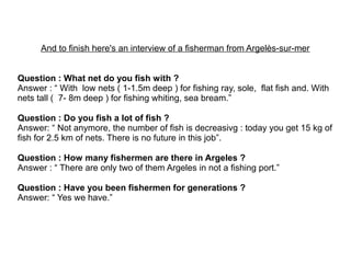 And to finish here's an interview of a fisherman from Argelès-sur-mer


Question : What net do you fish with ?
Answer : “ With low nets ( 1-1.5m deep ) for fishing ray, sole, flat fish and. With
nets tall ( 7- 8m deep ) for fishing whiting, sea bream.”

Question : Do you fish a lot of fish ?
Answer: “ Not anymore, the number of fish is decreasivg : today you get 15 kg of
fish for 2.5 km of nets. There is no future in this job”.

Question : How many fishermen are there in Argeles ?
Answer : “ There are only two of them Argeles in not a fishing port.”

Question : Have you been fishermen for generations ?
Answer: “ Yes we have.”
 