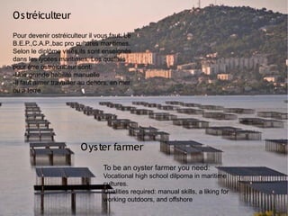 O stréiculteur
Pour devenir ostréiculteur il vous faut: Le
B.E.P.,C.A.P.,bac pro cultures maritimes.
Selon le diplôme visés,ils sont enseignés
dans les lycées maritimes. Les qualités
pour être ostréiculteur sont:
-Une grande habilité manuelle
-Il faut aimer travailler au dehors, en mer
ou à terre




                        O yster farmer
                                To be an oyster farmer you need:
                                Vocational high school dilpoma in maritime
                                cultures.
                                Qualities required: manual skills, a liking for
                                working outdoors, and offshore
 