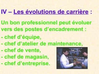 IV –  Les évolutions de carrière  : Un bon professionnel peut évoluer vers des postes d’encadrement : - chef d’équipe, - chef d’atelier de maintenance, - chef de vente, - chef de magasin, - chef d’entreprise. 