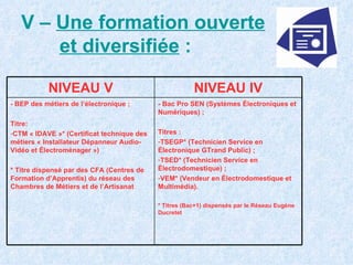 V –  Une formation ouverte   et diversifiée  : NIVEAU V NIVEAU IV -   BEP des métiers de l’électronique ; Titre: CTM « IDAVE »* (Certificat technique des métiers « Installateur Dépanneur Audio-Vidéo et Électroménager ») * Titre dispensé par des CFA (Centres de Formation d’Apprentis) du réseau des Chambres de Métiers et de l’Artisanat - Bac Pro SEN (Systèmes Électroniques et Numériques) ; Titres : TSEGP* (Technicien Service en Électronique GTrand Public) ; TSED* (Technicien Service en Électrodomestique) ; VEM* (Vendeur en Électrodomestique et Multimédia). * Titres (Bac+1) dispensés par le Réseau Eugène Ducretet 
