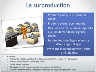 La surproduction
• Par exemple:
o Taille de lots inadaptée, produire trop de pièces qui vont finir au stock, voire à la poubelle!
o Produire un document ou un reporting inutile.
o Double saisie d’indicateur.
o Développer un outil trop complexe par rapport au besoin du client.
o Préparer une formation trop compliquée, trop longue par rapport à la population ciblée.
• Produire plus que le besoin du
client.
• Produire avant la commande.
• Réaliser une tâche qui ne répond à
aucune demande ni exigence
client.
Le pire des gaspillage car source
d’autres gaspillages
Provoque le ralentissement, voire
l’arrêt du flux.
 