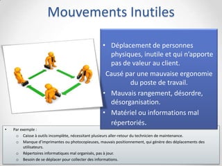 Mouvements Inutiles
• Par exemple :
o Caisse à outils incomplète, nécessitant plusieurs aller-retour du technicien de maintenance.
o Manque d’imprimantes ou photocopieuses, mauvais positionnement, qui génère des déplacements des
utilisateurs.
o Répertoires informatiques mal organisés, pas à jour.
o Besoin de se déplacer pour collecter des informations.
• Déplacement de personnes
physiques, inutile et qui n’apporte
pas de valeur au client.
Causé par une mauvaise ergonomie
du poste de travail.
• Mauvais rangement, désordre,
désorganisation.
• Matériel ou informations mal
répertoriés.
 