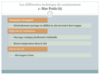 Les différentes technique de soutènement
1- Mur Poids (6)
11
 Généralement ouvrage en déblai en site terrestre hors nappe
Difficulté de réalisation
 Ouvrage rustique facilement réalisable
 Bonne intégration dans le site
Nature du sol
Domaine d'emploi
 - Sol moyen à bon.
 