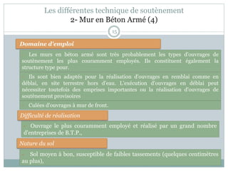 Les différentes technique de soutènement
2- Mur en Béton Armé (4)
15
Domaine d'emploi
- Culées d'ouvrages à mur de front.
- Ils sont bien adaptés pour la réalisation d'ouvrages en remblai comme en
déblai, en site terrestre hors d'eau. L'exécution d'ouvrages en déblai peut
nécessiter toutefois des emprises importantes ou la réalisation d'ouvrages de
soutènement provisoires
Difficulté de réalisation
Nature du sol
- Ouvrage le plus couramment employé et réalisé par un grand nombre
d'entreprises de B.T.P.,
- Sol moyen à bon, susceptible de faibles tassements (quelques centimètres
au plus),
- Les murs en béton armé sont très probablement les types d'ouvrages de
soutènement les plus couramment employés. Ils constituent également la
structure type pour.
 