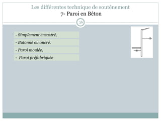 36
- Simplement encastré,
- Butonné ou ancré.
- Paroi moulée,
- Paroi préfabriquée
Les différentes technique de soutènement
7- Paroi en Béton
 