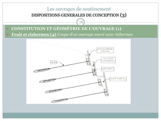 78
Les ouvrages de soutènement
DISPOSITIONS GENERALES DE CONCEPTION (3)
 CONSTITUTION ET GÉOMÉTRIE DE L'OUVRAGE (1)
 Fruit et risbermes (4) Coupe d'un ouvrage ancré avec risbermes
 
