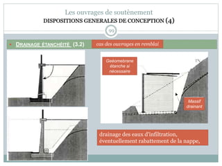 99
Les ouvrages de soutènement
DISPOSITIONS GENERALES DE CONCEPTION (4)
 DRAINAGE ÉTANCHÉITÉ (3.2) cas des ouvrages en remblai
drainage des eaux d'infiltration,
éventuellement rabattement de la nappe,
Geéomebrane
étanche si
nécessaire
Massif
drainant
 