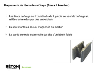 ET LOGEMENT
BÉTON
Maçonnerie de blocs de coffrage (Blocs à bancher)
• Les blocs coffrage sont constitués de 2 parois servant de coffrage et
reliées entre elles par des entretoises
• Ils sont montés à sec ou maçonnés au mortier
• La partie centrale est remplie sur site d’un béton fluide
Les murs
 