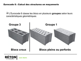 ET LOGEMENT
BÉTON
 L’Eurocode 6 classe les blocs en plusieurs groupes selon leurs
caractéristiques géométriques
Groupe 3 Groupe 1
Blocs creux Blocs pleins ou perforés
Les murs
Eurocode 6 : Calcul des structures en maçonnerie
 