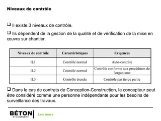 ET LOGEMENT
BÉTON
Niveaux de contrôle
Niveaux de contrôle Caractéristiques Exigences
IL1 Contrôle normal Auto-contrôle
IL2 Contrôle normal
Contrôle conforme aux procédures de
l'organisme
IL3 Contrôle étendu Contrôle par tierce partie
 Il existe 3 niveaux de contrôle.
 Ils dépendent de la gestion de la qualité et de vérification de la mise en
œuvre sur chantier.
 Dans le cas de contrats de Conception-Construction, le concepteur peut
être considéré comme une personne indépendante pour les besoins de
surveillance des travaux.
Les murs
 