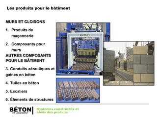 ET LOGEMENT
BÉTON
MURS ET CLOISONS
MURS ET CLOISONS
1. Produits de
maçonnerie
2. Composants pour
murs
AUTRES COMPOSANTS
AUTRES COMPOSANTS
POUR LE BÂTIMENT
POUR LE BÂTIMENT
3. Conduits aérauliques et
gaines en béton
4. Tuiles en béton
5. Escaliers
6. Éléments de structures
Les produits pour le bâtiment
Systèmes constructifs et
choix des produits
 
