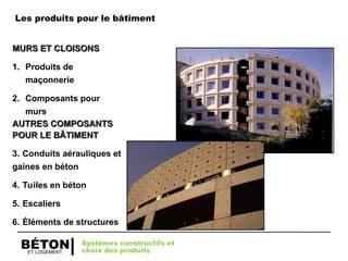 ET LOGEMENT
BÉTON
MURS ET CLOISONS
MURS ET CLOISONS
1. Produits de
maçonnerie
2. Composants pour
murs
AUTRES COMPOSANTS
AUTRES COMPOSANTS
POUR LE BÂTIMENT
POUR LE BÂTIMENT
3. Conduits aérauliques et
gaines en béton
4. Tuiles en béton
5. Escaliers
6. Éléments de structures
Systèmes constructifs et
choix des produits
Les produits pour le bâtiment
 